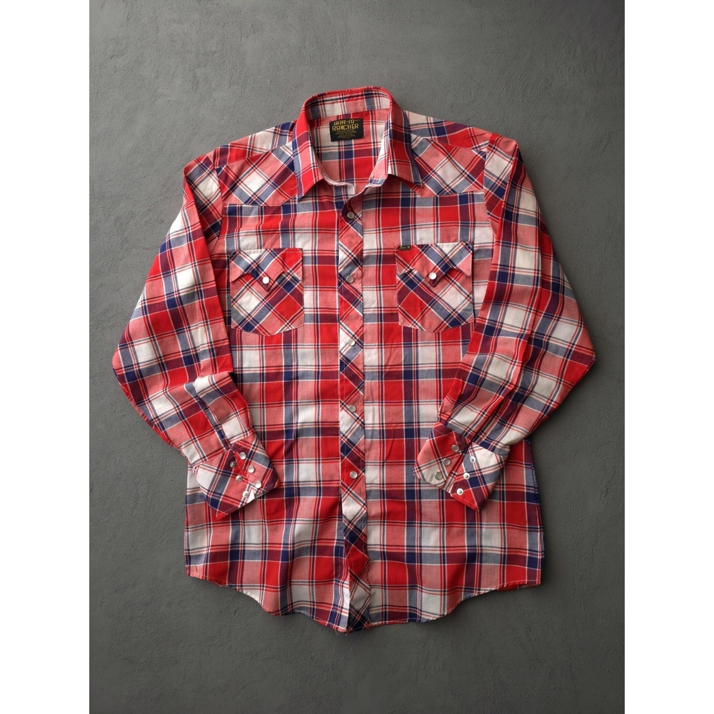 Vintage 70s 80s Bar M Rancher Red Plaid Permanent Press Snap Western Shirt M